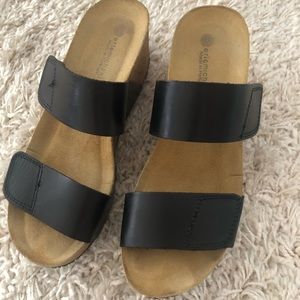 Sandals, black adjustable straps, wedge
